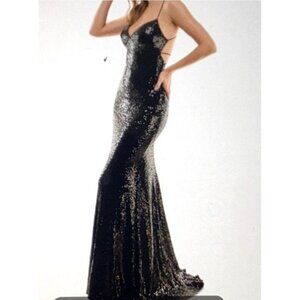 B. Darlin Black Sequin Strappy Formal Gown 5/6 Maxi Dress With Crisscross Back